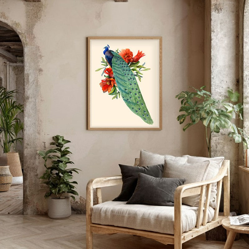 Flowers & Peacock Archival Paper Wall Art  - Natural Brown Frame media 3