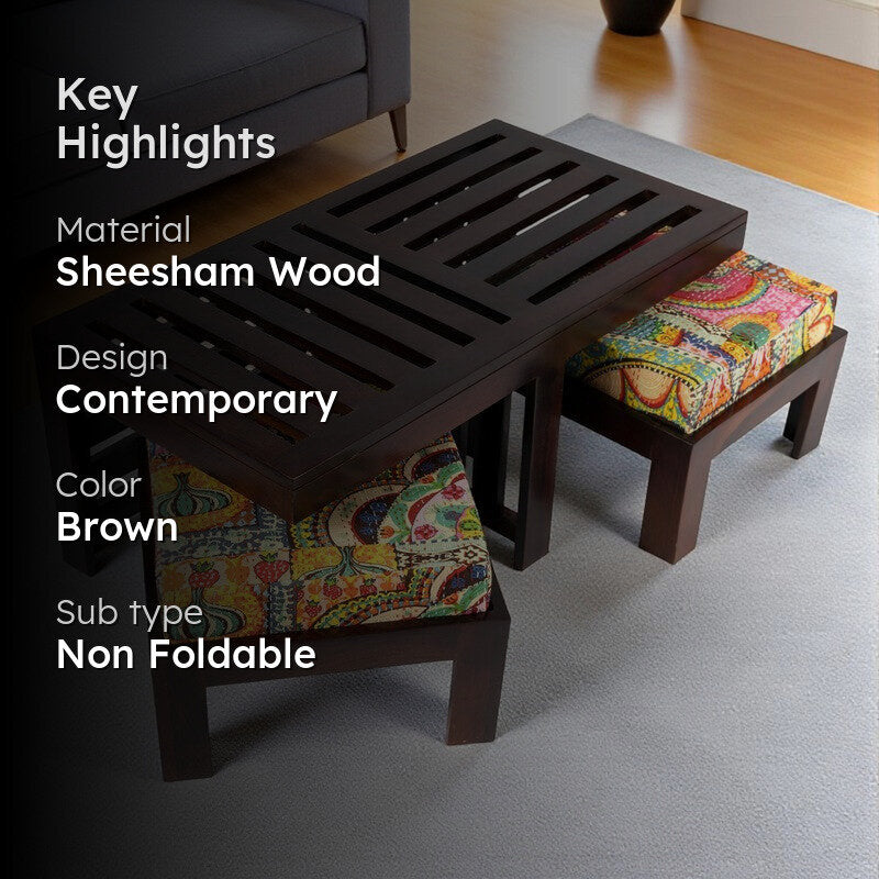 Zavro Sheesham Wooden Center Table with Stools (Deep Brown) - Five Piece Set media 2