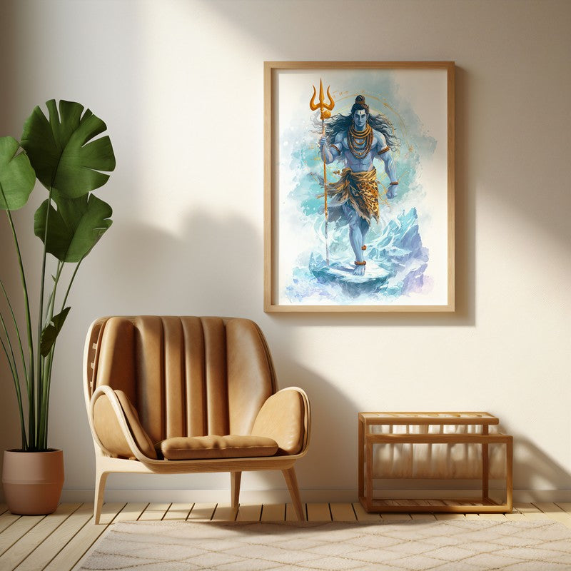 Mahadev with Trishul Divine III Archival Paper Wall Art - Natural Brown Frame