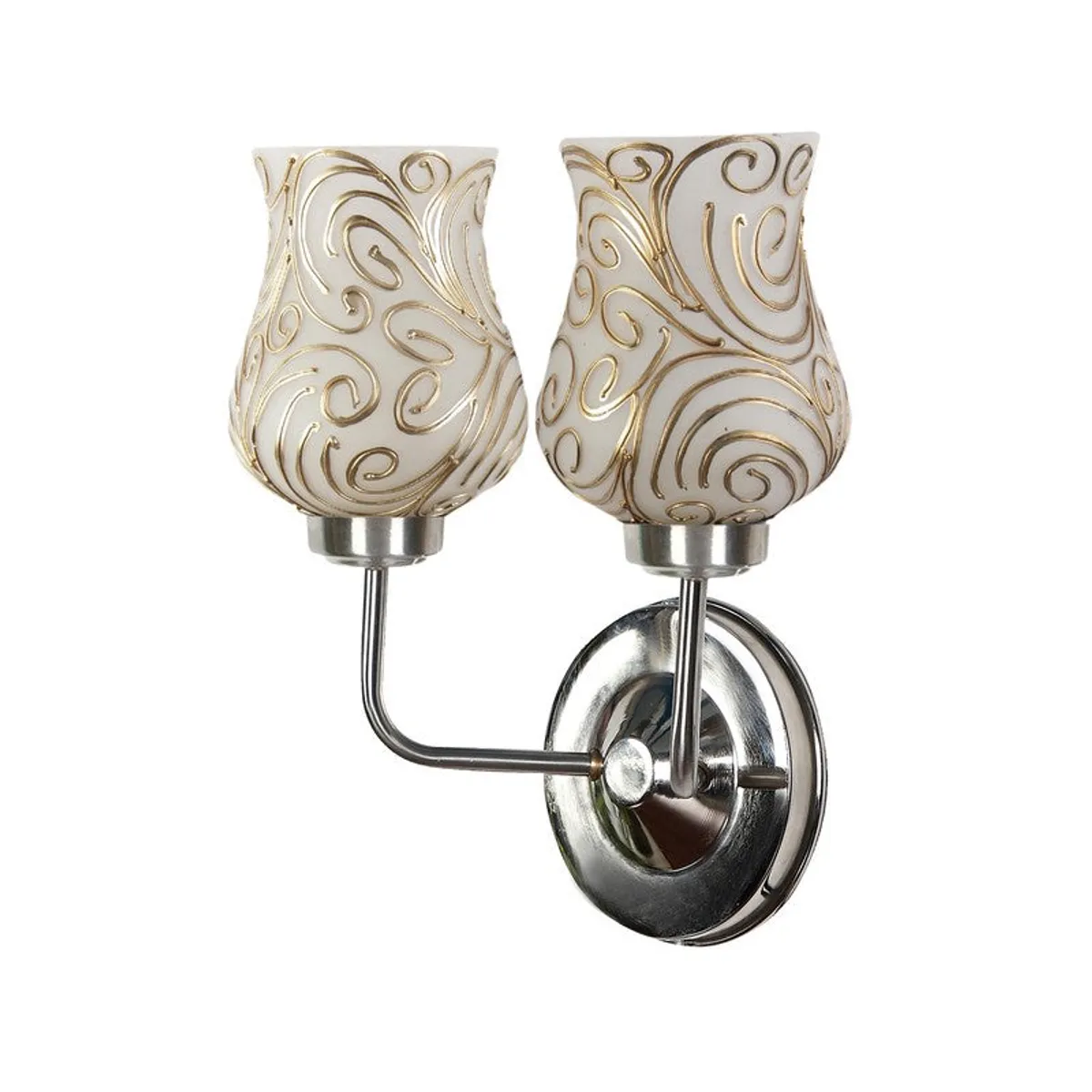 Angled view of dual white glass wall lamp with gold swirl detailing