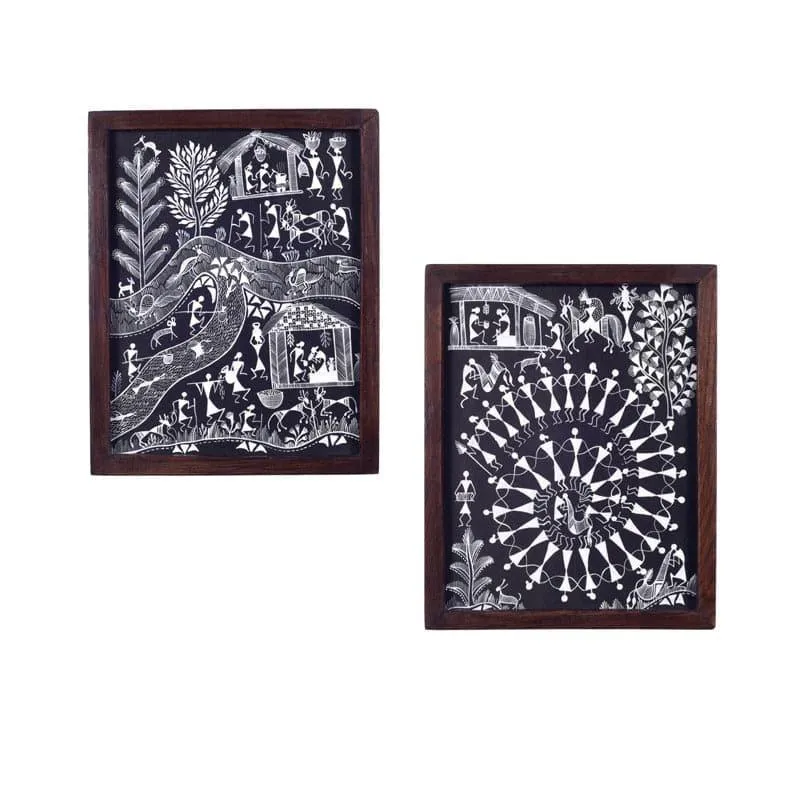 Life Of Warli Canvas Wall Art - Set Of Two media 3