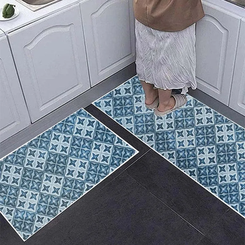 Muted Mosaic Polyester Kitchen Floor Mats (Blue) - Set of Two media 5