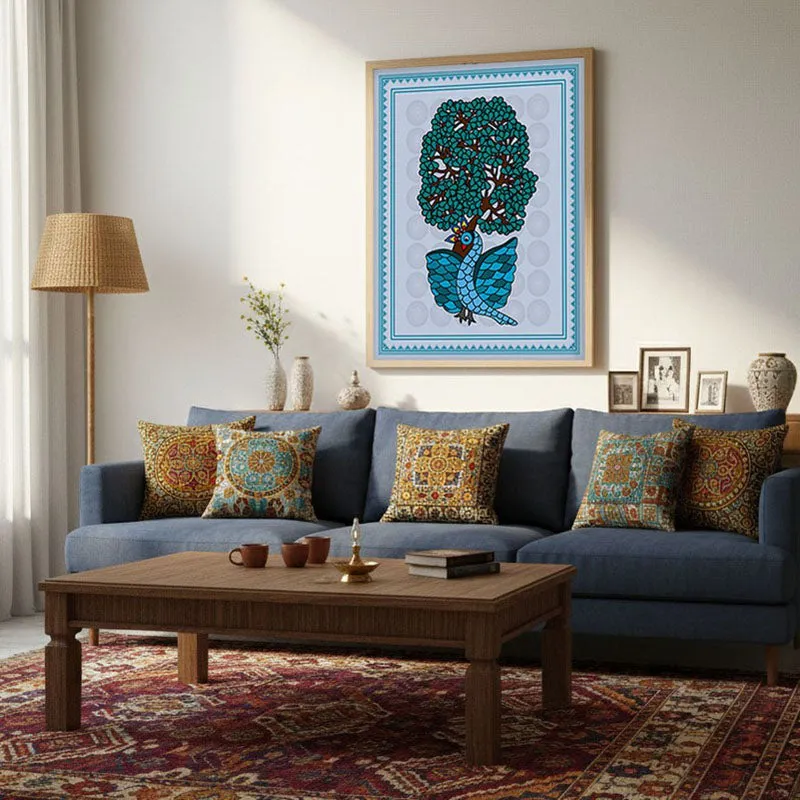 Ethereal Peacock Framed Gond Canvas Archival Canvas Wall Painting - Natural Brown Frame media 5