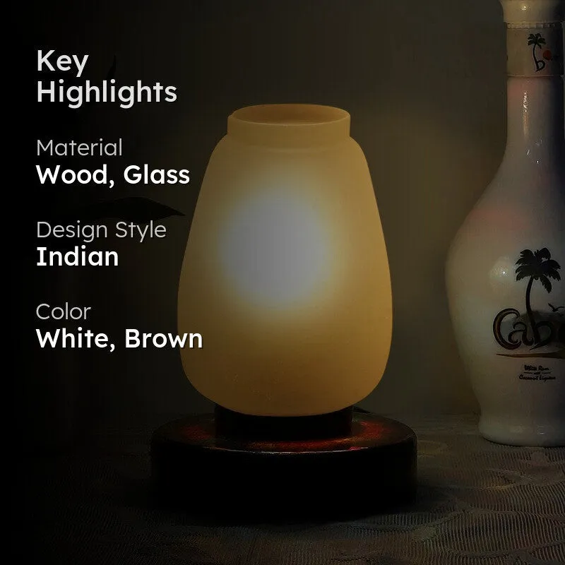 Glowflare Glass Table Lamp With Wooden Base - White & Brown media 2
