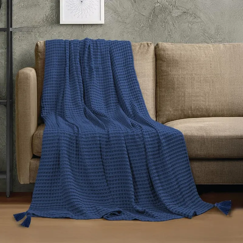 Urban Space Solid Textured Cotton Throw - Blue media 1