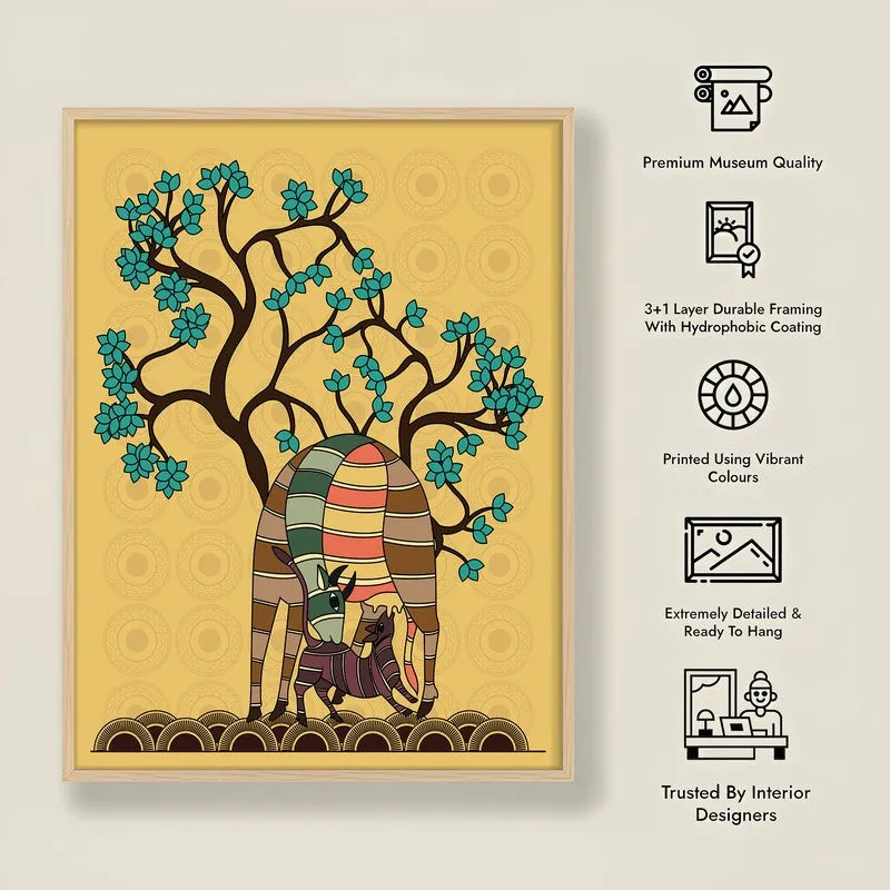 Deer And Fawn Framed Gond Canvas Archival Canvas Wall Painting - Natural Brown Frame media 8