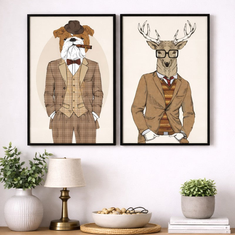 Dapper Duo Paper Wall Painting With MDF Frame - Set Of Two