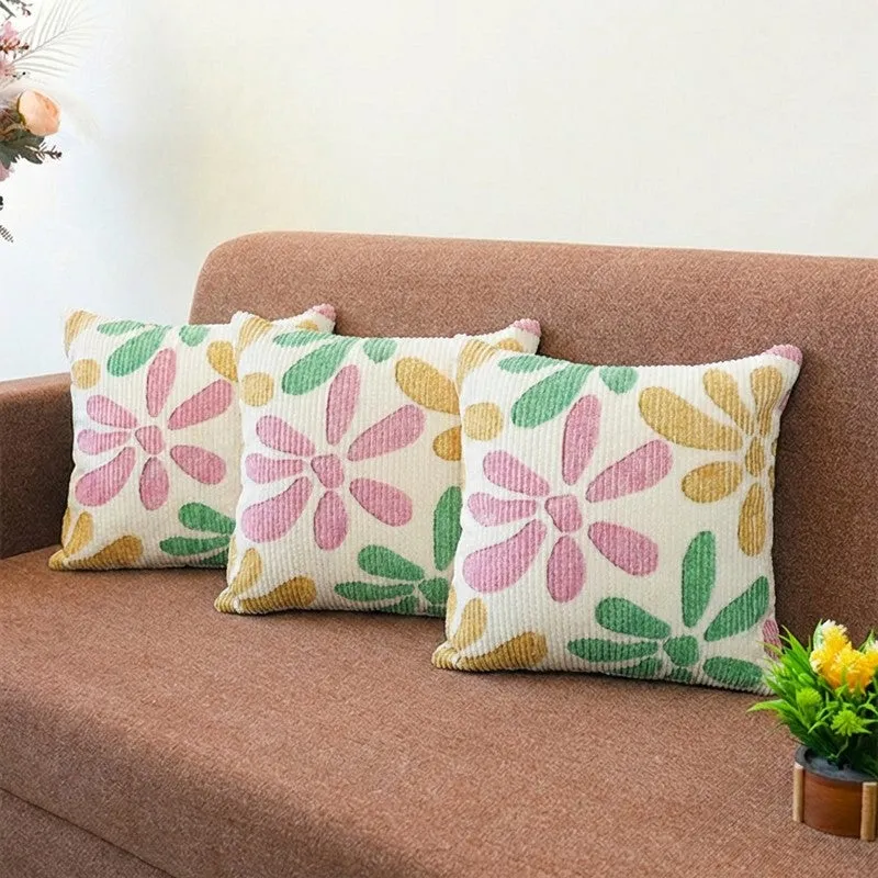 FloralGrace Cushion Cover (Pink, Mustard) - Set Of Three media 1