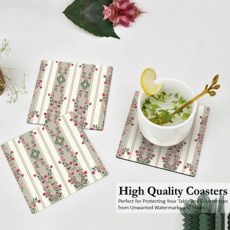 Vintage Floral Print Wooden Coasters with Holder - Seven Piece Set media 3