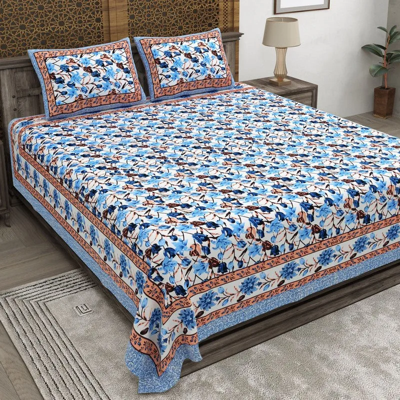 Rangon Cotton Bedsheet (Blue,Peach) - 240 TC media 1