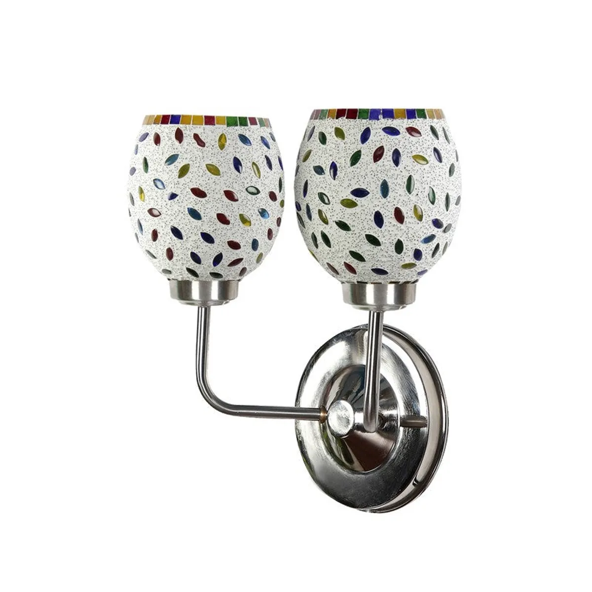 Angled view of mosaic glass wall lamp with steel base