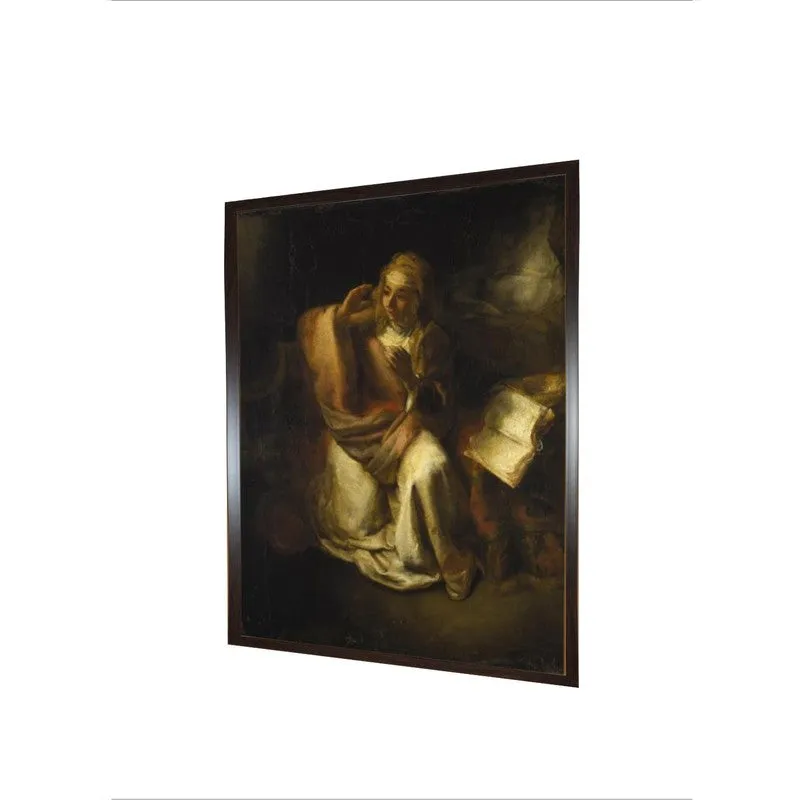 Angled view of rectangular framed wall painting on a white background