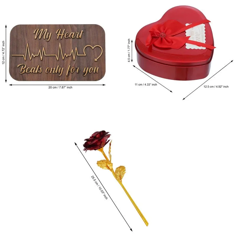 Three-piece gift set shown with plaque, heart box and rose stem