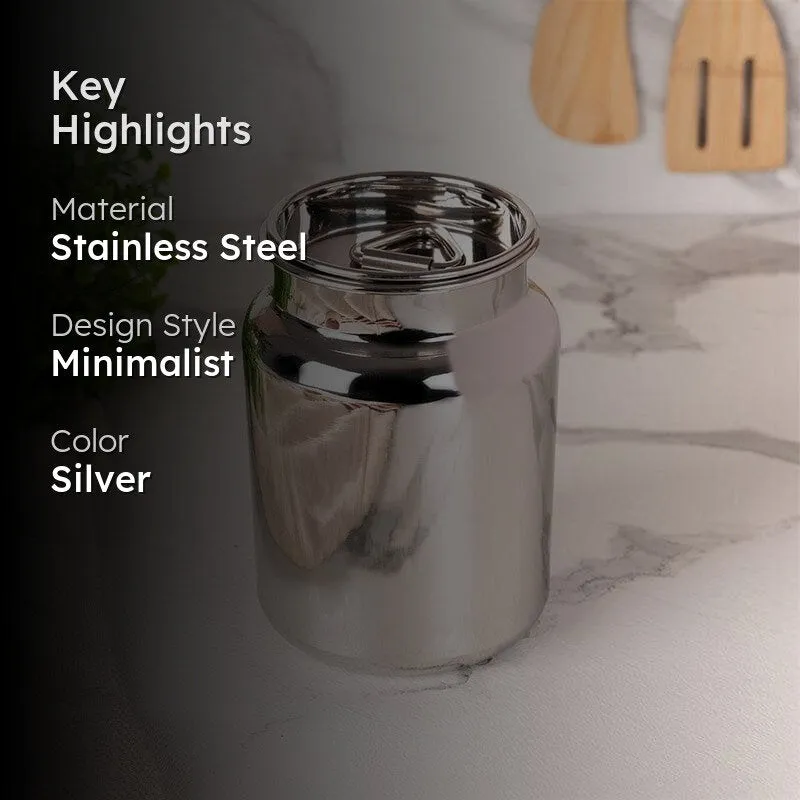 Silver storage container with key highlights shown in an overlaid product image