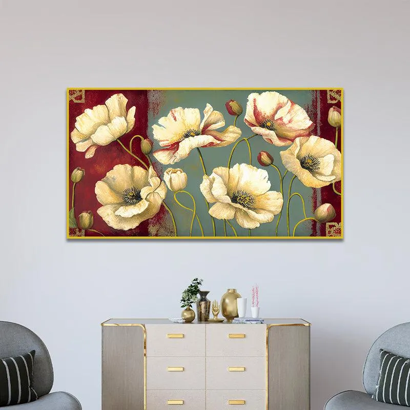 Crimson & Ivory Poppies Floral Canvas Wall Painting With Frame - Gold media 5