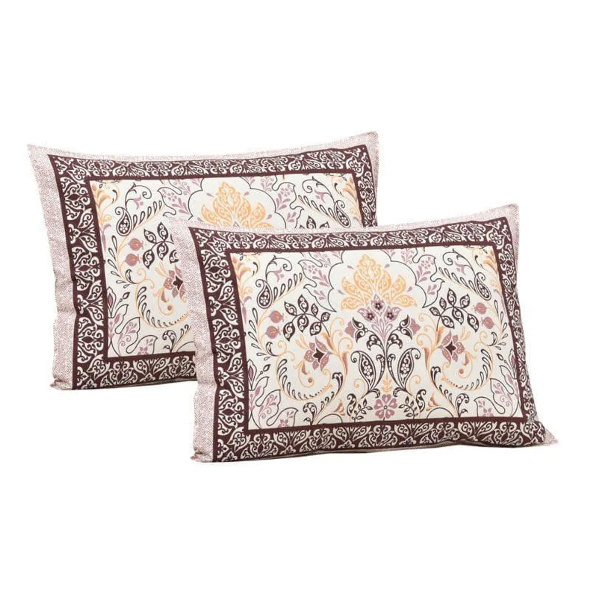 Two matching pillow covers with ornate floral paisley borders
