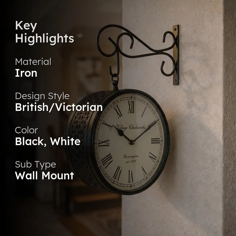 Lifestyle view of the black decorative wall clock mounted on a wall with feature highlights.