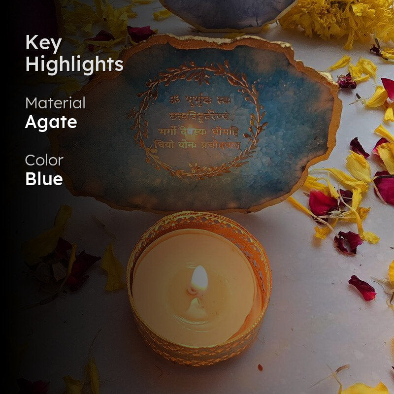 Festive Gayatri Mantra Agate Tealight Candle Holder - Turquoise media 2