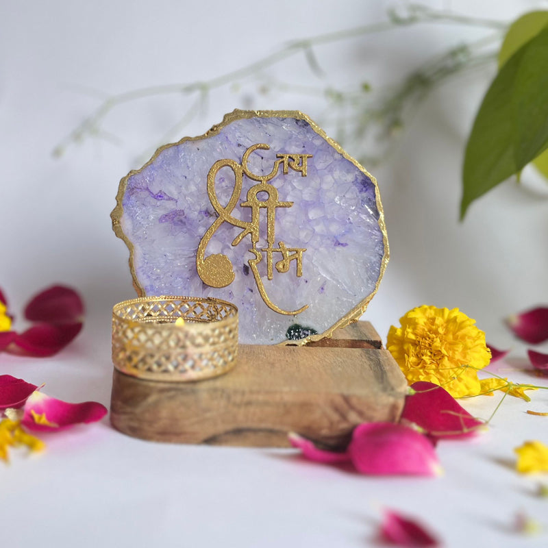 Jai Shri Ram Handcrafted Agate Religious Accent With Tealight Candle Holder - Purple