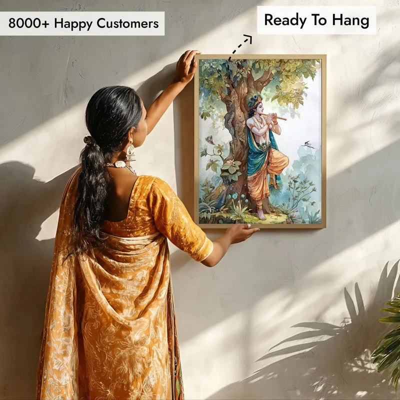 Sri Krishna Charming Fluit Playing Archival Paper Wall Art - Natural Brown Frame media 7