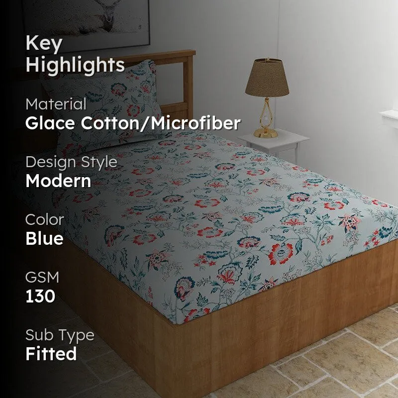 Poppy Floral Microfiber Bedsheet (White & Blue) - 130 GSM media 2