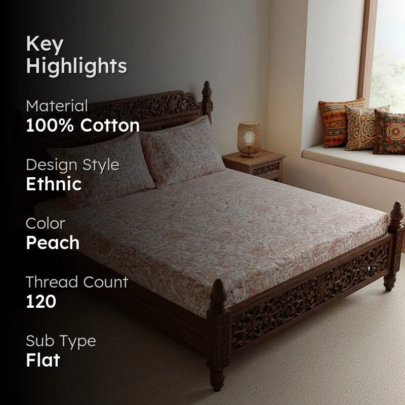 Micola Floral Printed Cotton Bedsheet (Peach) - 120 TC media 2