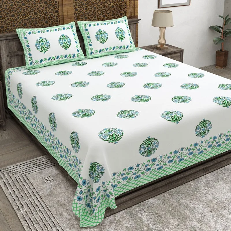 Rangen Cotton Bedsheet (White,Green) - 240 TC media 1