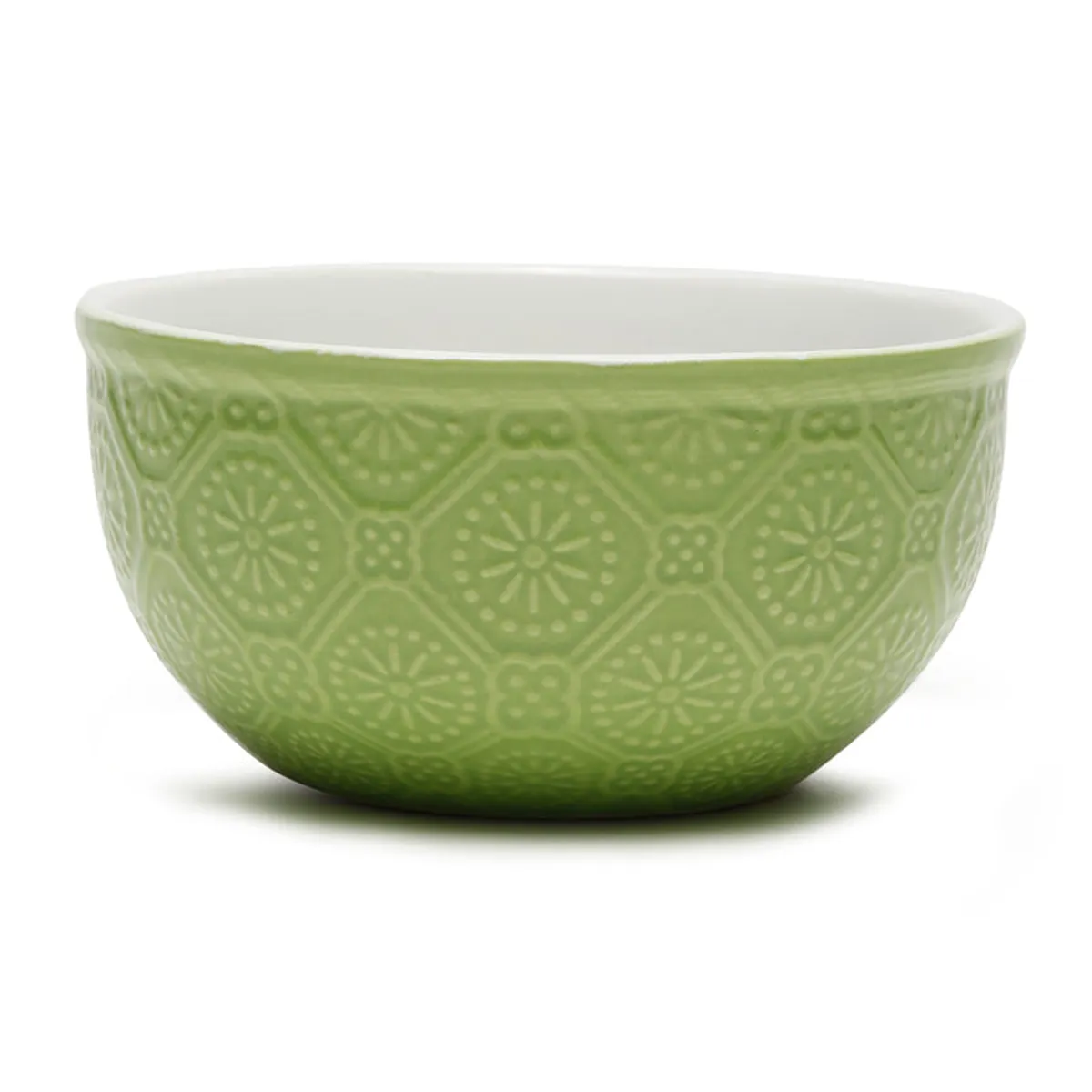 Close-up of the green ceramic bowl with a raised geometric pattern