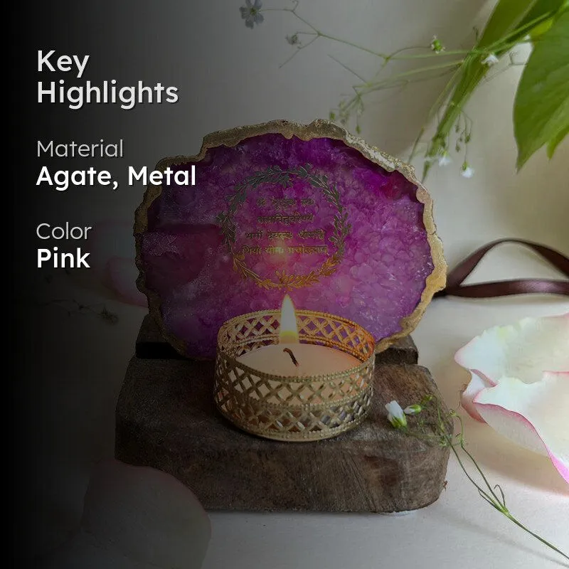 Gayathri Mantra Handcrafted Agate Religious Accent With Tealight Candle Holder - Pink media 2