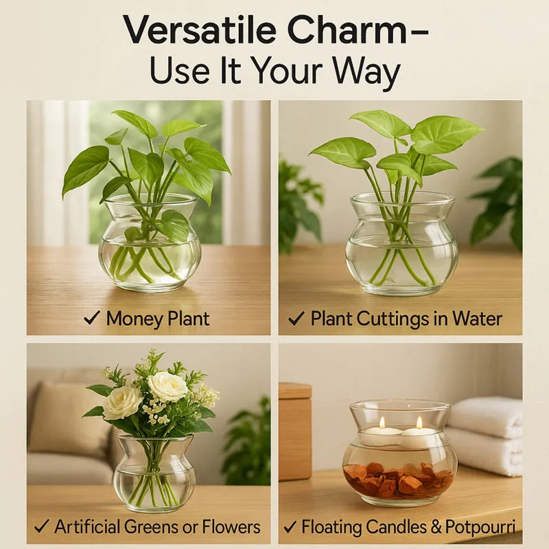 Four styled uses of the clear glass vase with plants, flowers and candles.