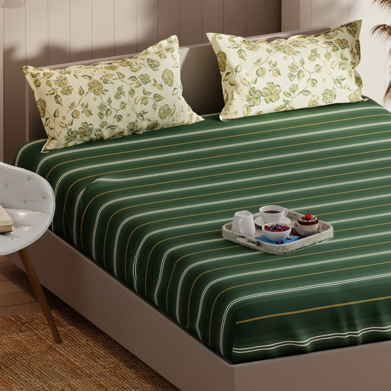 Grida Striped Microfiber Bedsheet (Green) - 135 GSM media 5