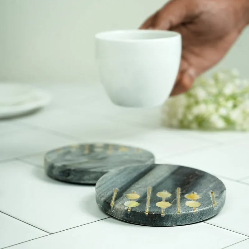 Pearl Charm Marble Coaster With Brass Inlay (Grey) - Set Of Two media 4