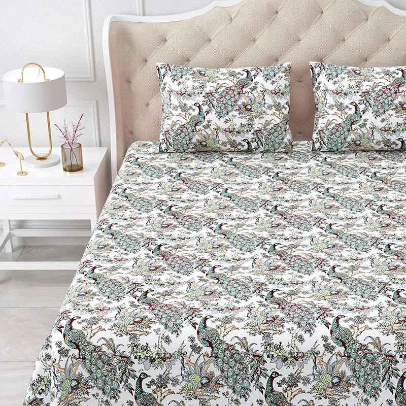 Vibrant Mor Floral Cotton Bedsheet (Green & White) - 160 TC media 3