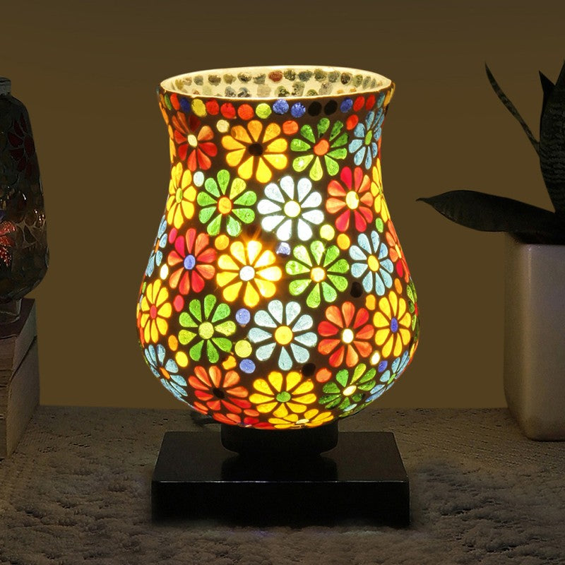 Glowcraft Mosaic Glass Table Lamp With Wooden Base - Multicolor