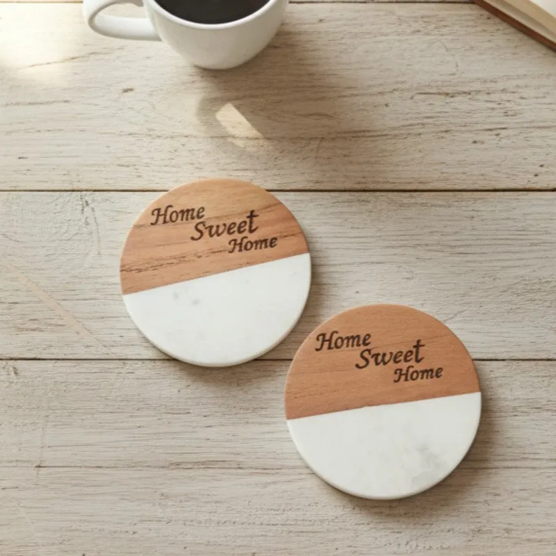 Mocha Round Engraved Marble Coasters - Set Of Two media 1