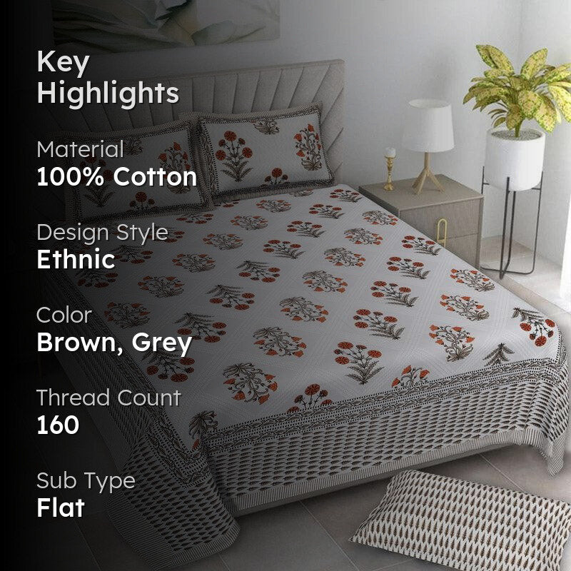 Brynn Floral Cotton Bedsheet (Brown,Grey) - 160 TC media 2