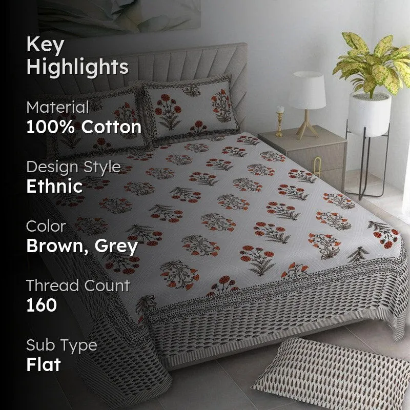 Brynn Floral Cotton Bedsheet (Brown,Grey) - 160 TC - 2