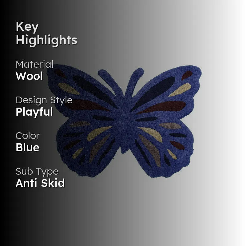 Blue butterfly-shaped carpet with highlight text overlay