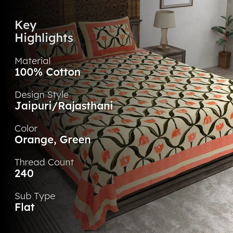 Patternus Cotton Bedsheet (Orange,Green) - 240 TC media 2