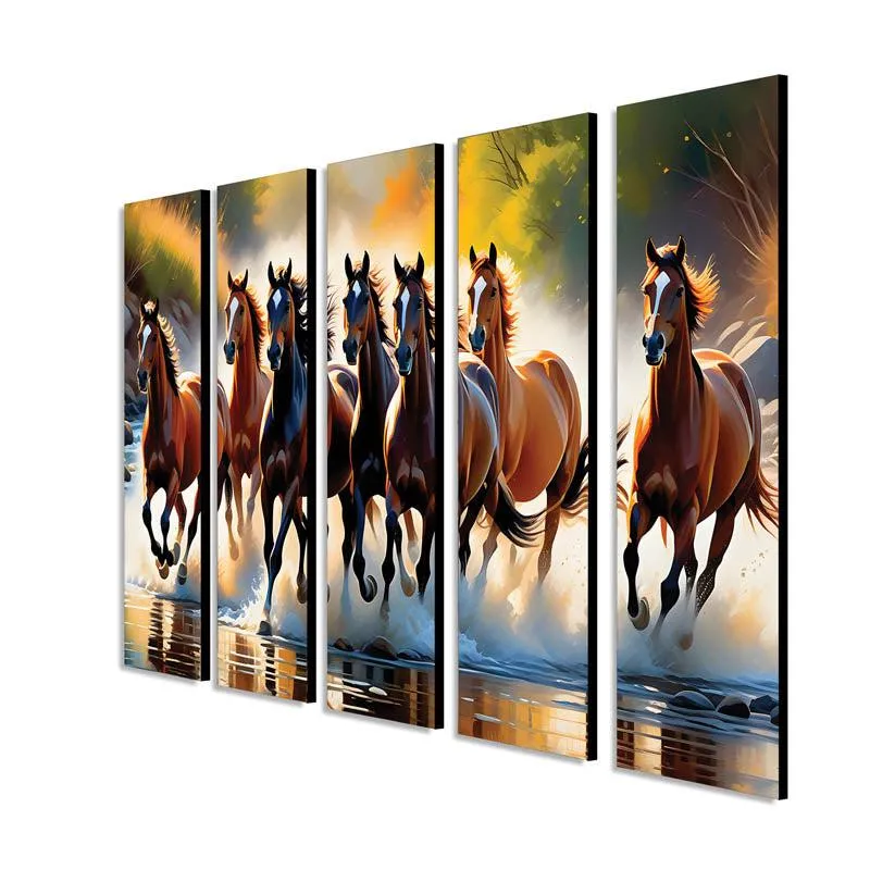 Angled view of the five-panel horse wall art with visible panel depth