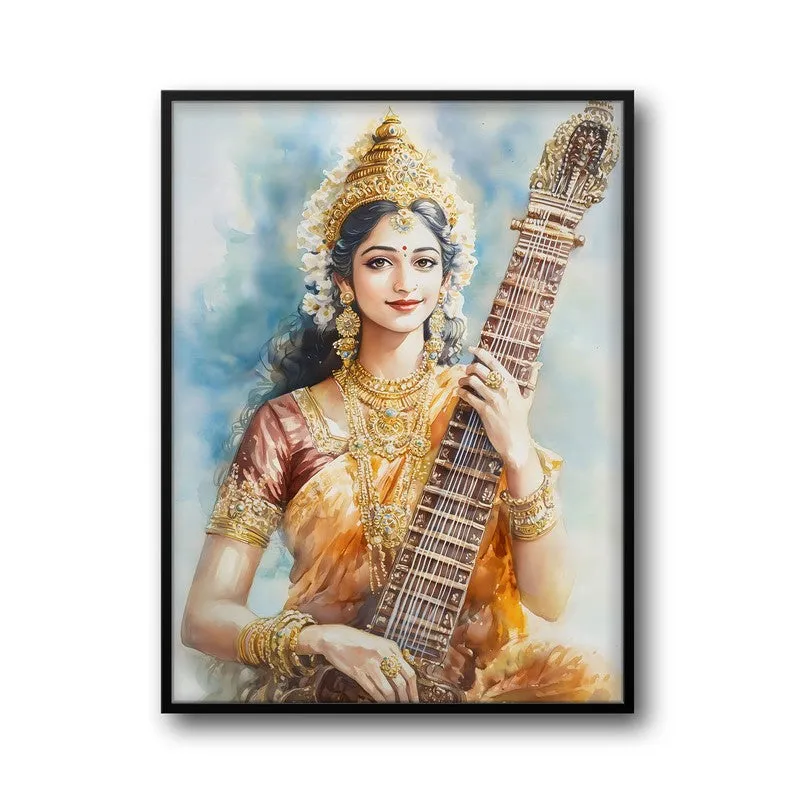 Veena Of Knowledge Spiritual Archival Paper Wall Painting With Frame - Black media 5