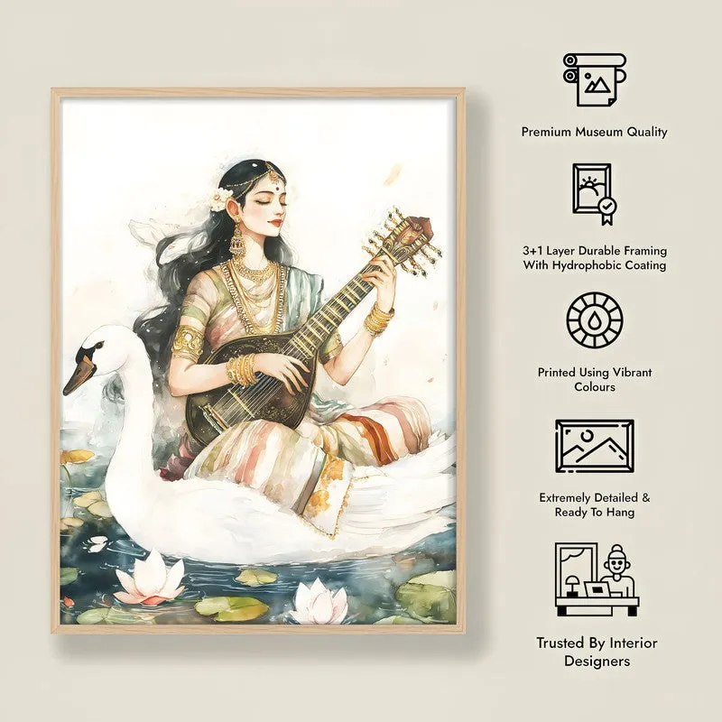 Hamsavahini Saraswati Spiritual Archival Paper Wall Painting - Natural Brown Frame media 8