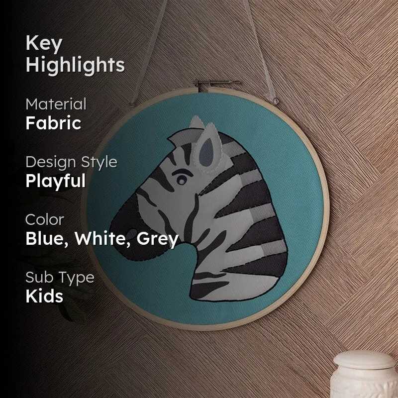 Zebra fabric wall accent shown with key highlights on a teal-blue background