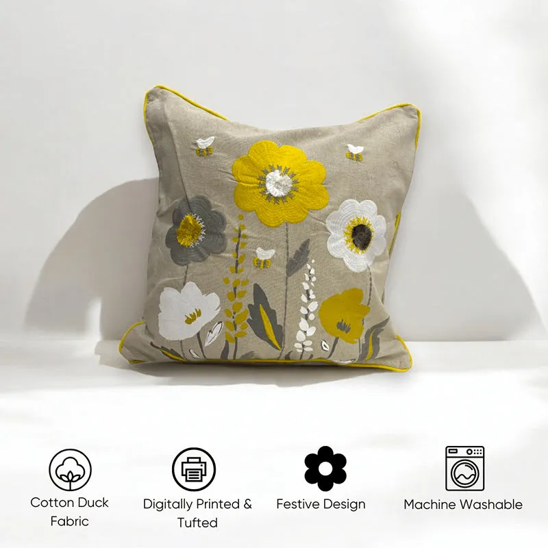Ochre Flowers Tufted Cushion Cover (Yellow & Grey) - Set Of Two media 4