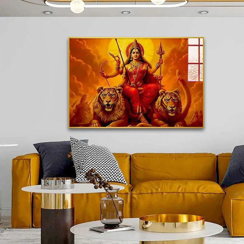 Matha Durga Blessings Spiritual Canvas Wall Art With Frame - Gold media 1