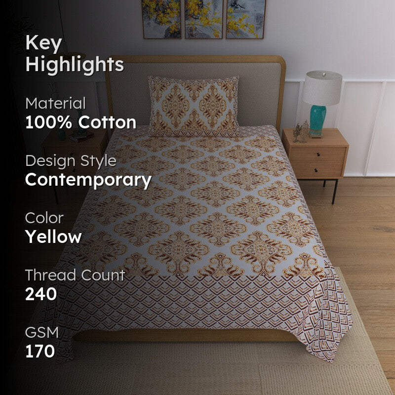 Linora Ethnic Cotton Bedsheet (Yellow & White) - 240 TC media 2