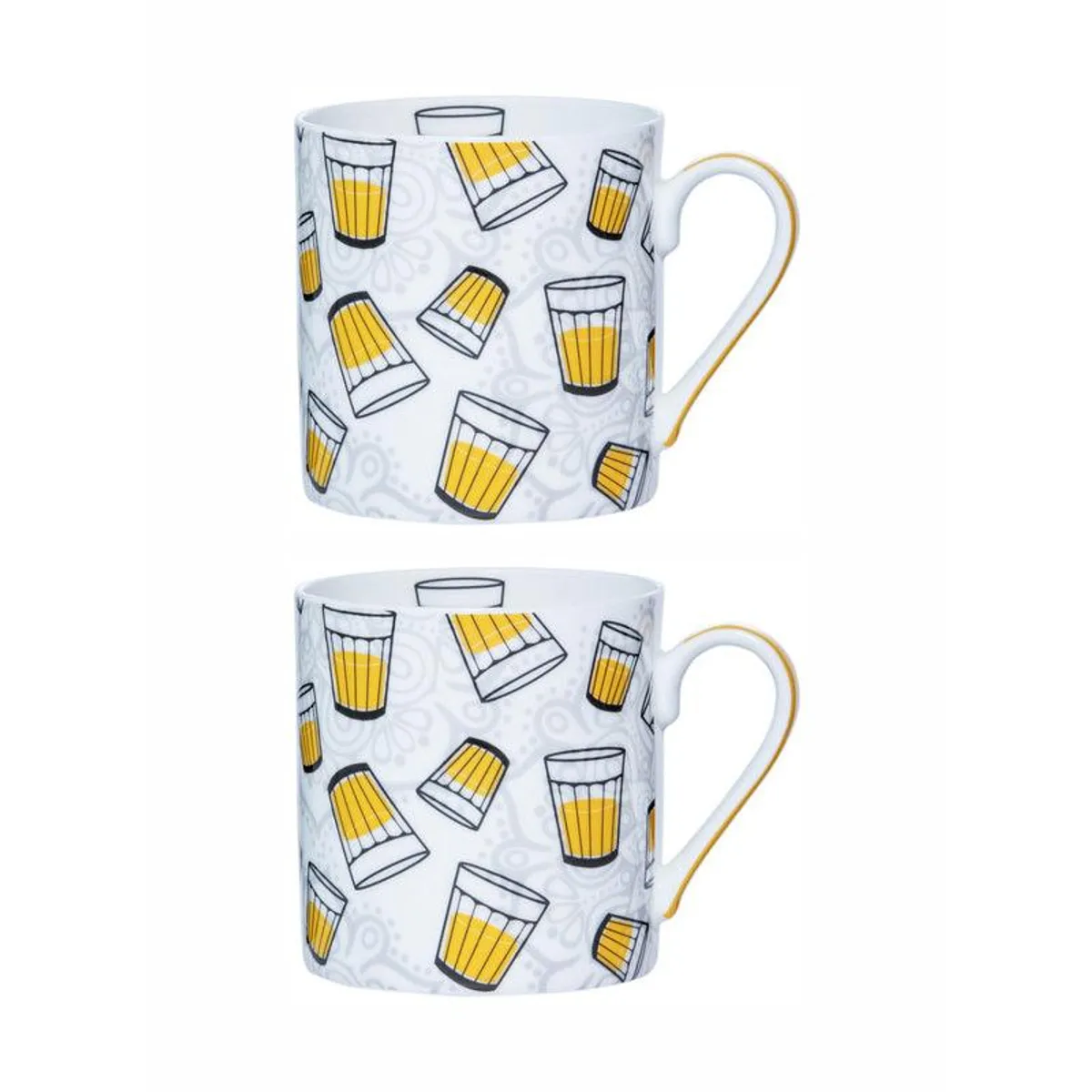 Two matching white mugs with yellow handles and glasses illustrations