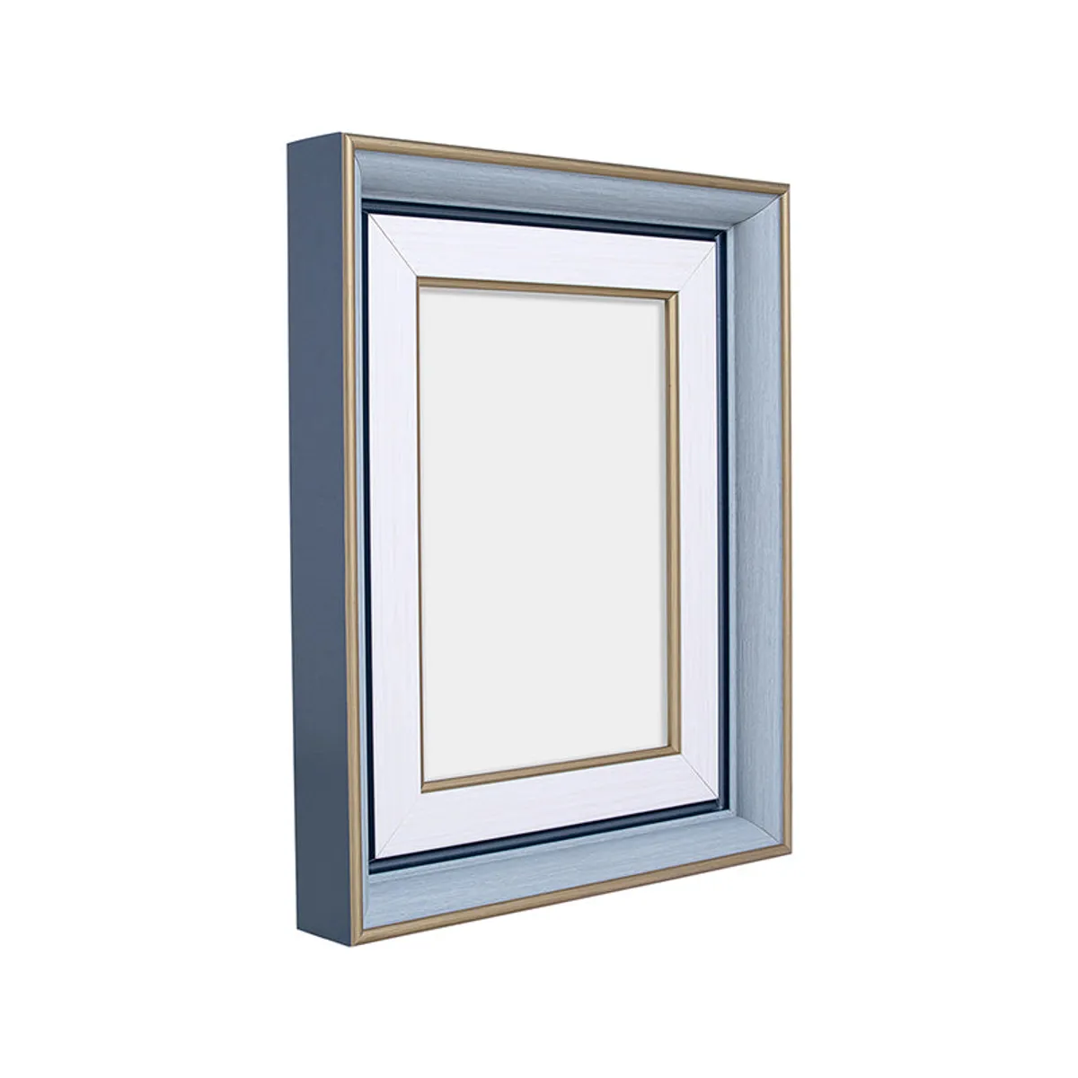 Angled side view showing the depth of a blue and white photo frame