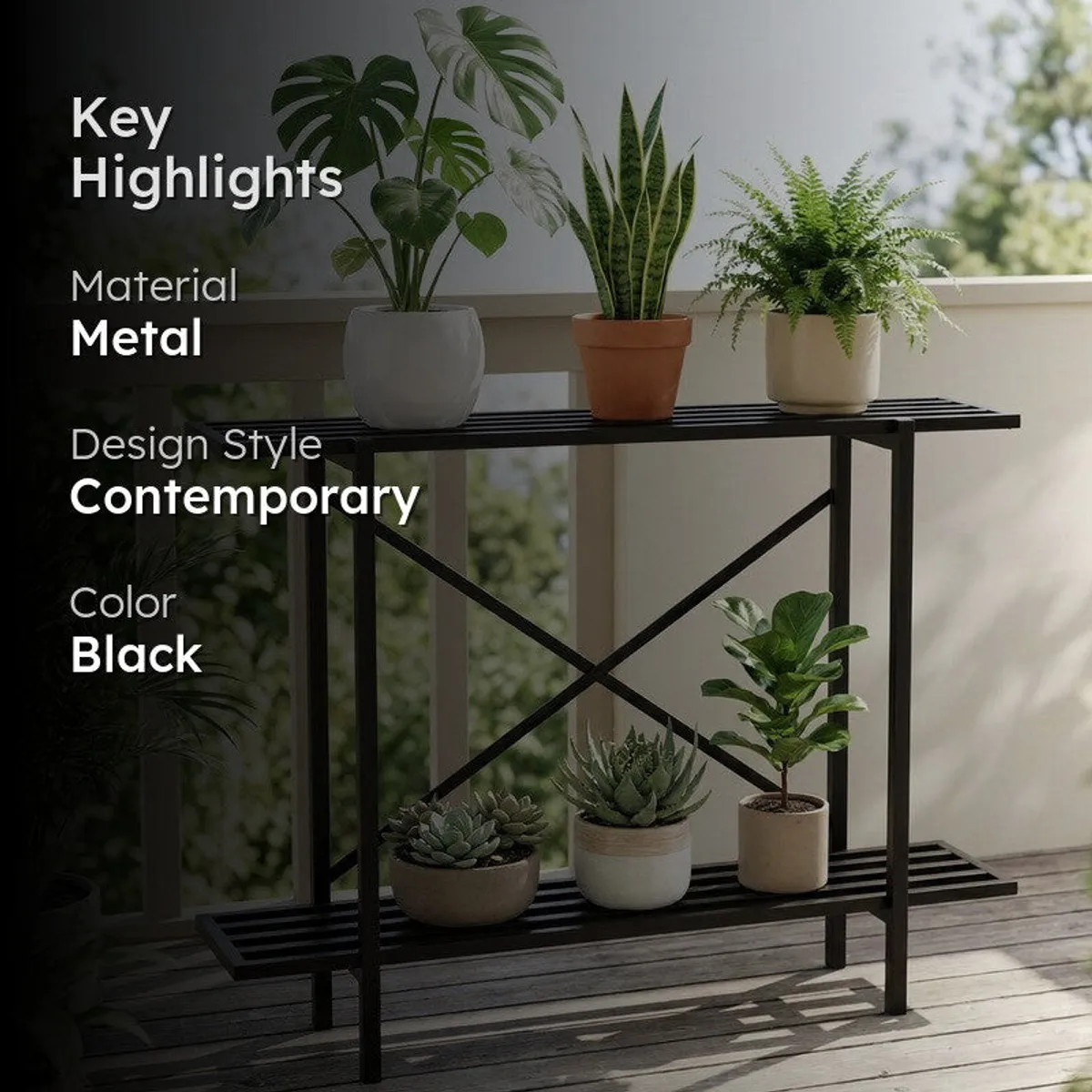 Black two-tier planter stand displaying potted plants in an outdoor setting