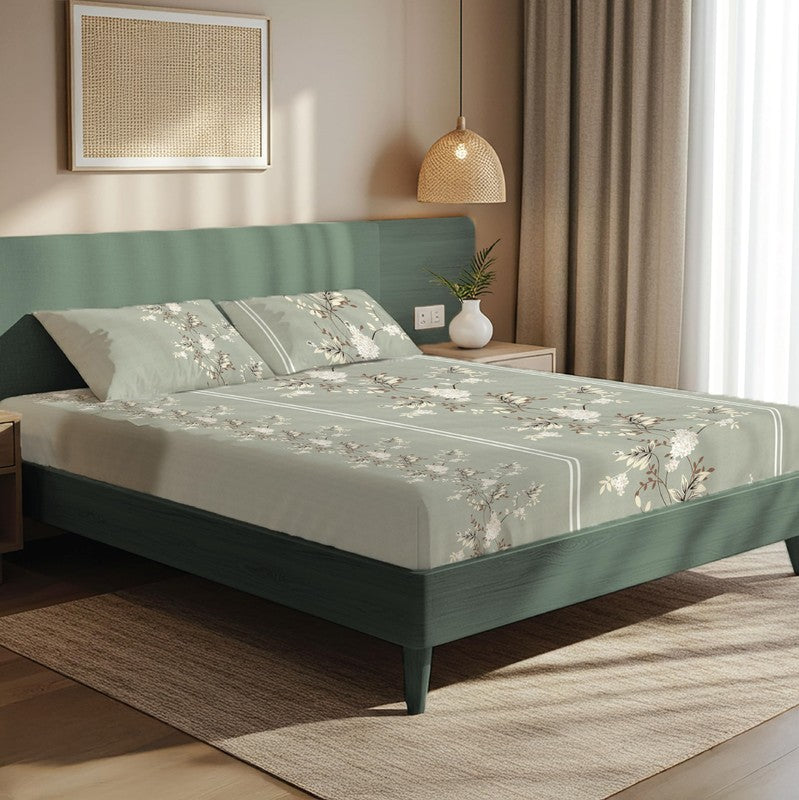 Smoky Bloom Floral Cotton Bedsheets (Grey & White) - 200 TC
